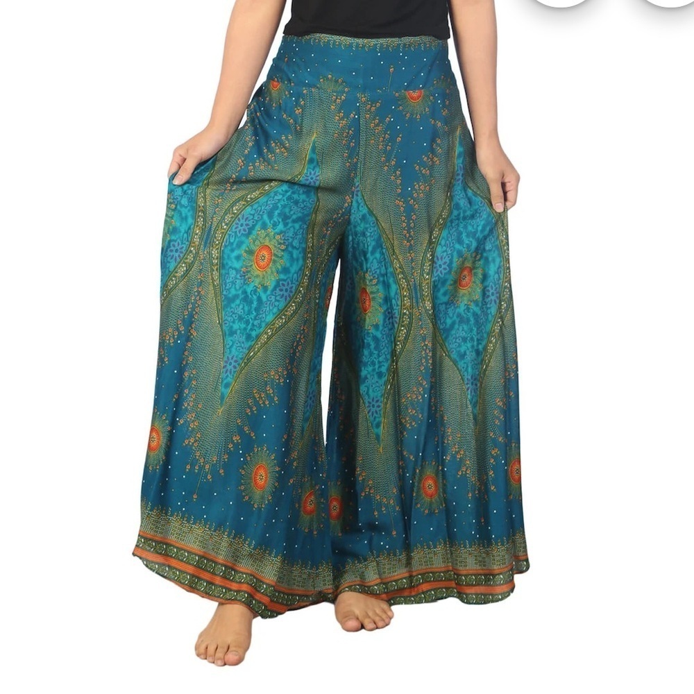 PALAZZO Pants for Women Wide Leg Boho Harem Yoga Pants, Teal Peacock Artsy Small